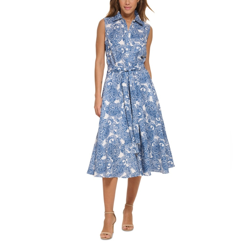Tommy Hilfiger Hudson paisley sleeveless midi shirt dress white/French blue 14